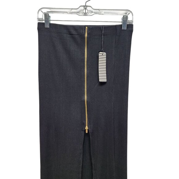 Haute Monde Black Ribbed Midi Skirt Front  Zipper Detail Adjustable Slit Size M - Picture 4 of 13
